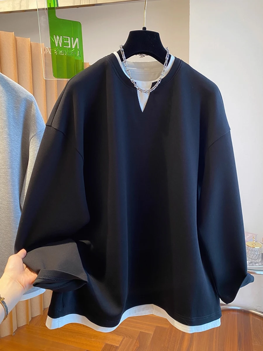 Autumn and Winter Women's Pullover Round Neck Hoodie Lazy Style Splicing Design Loose Long Sleeve Tops