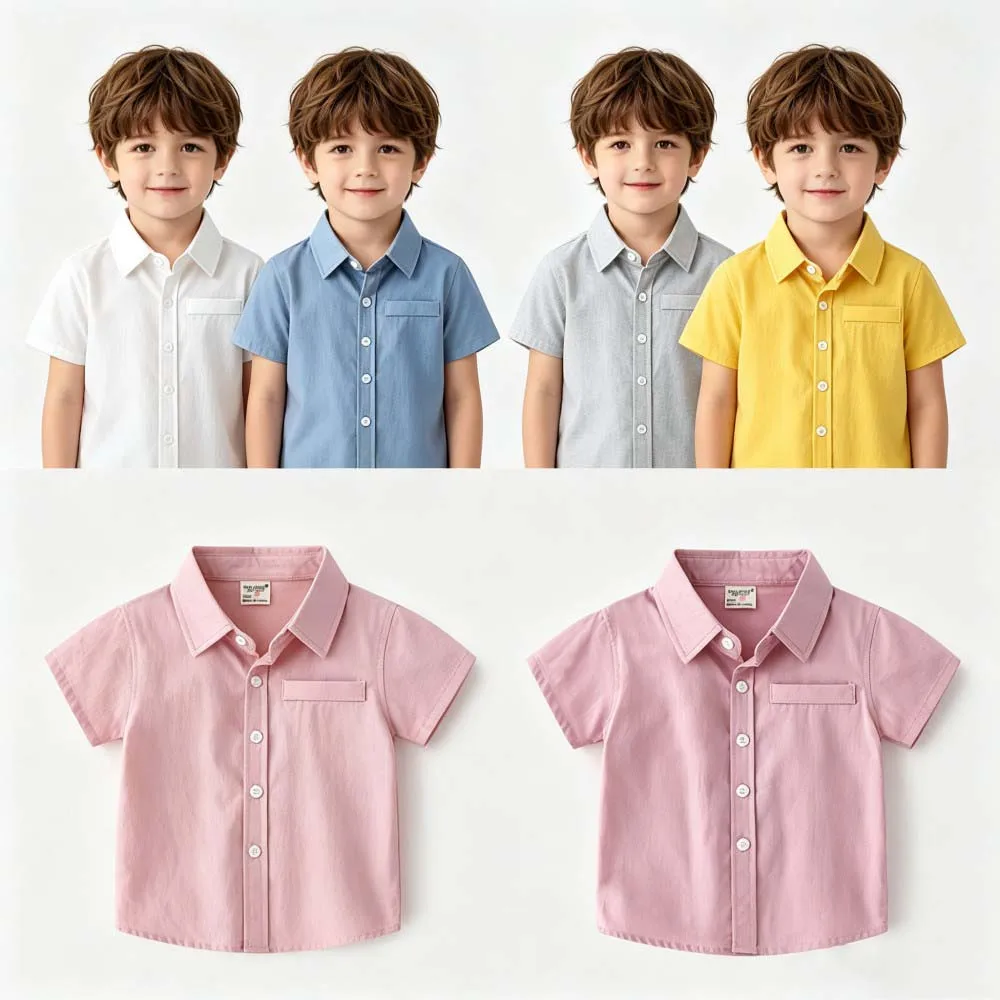 2-7Y Toddler Boys Cotton Button Up Shirts Solid Color Lapel Pocket Short Sleeve Kids Summer Casual School Outfit Blouses