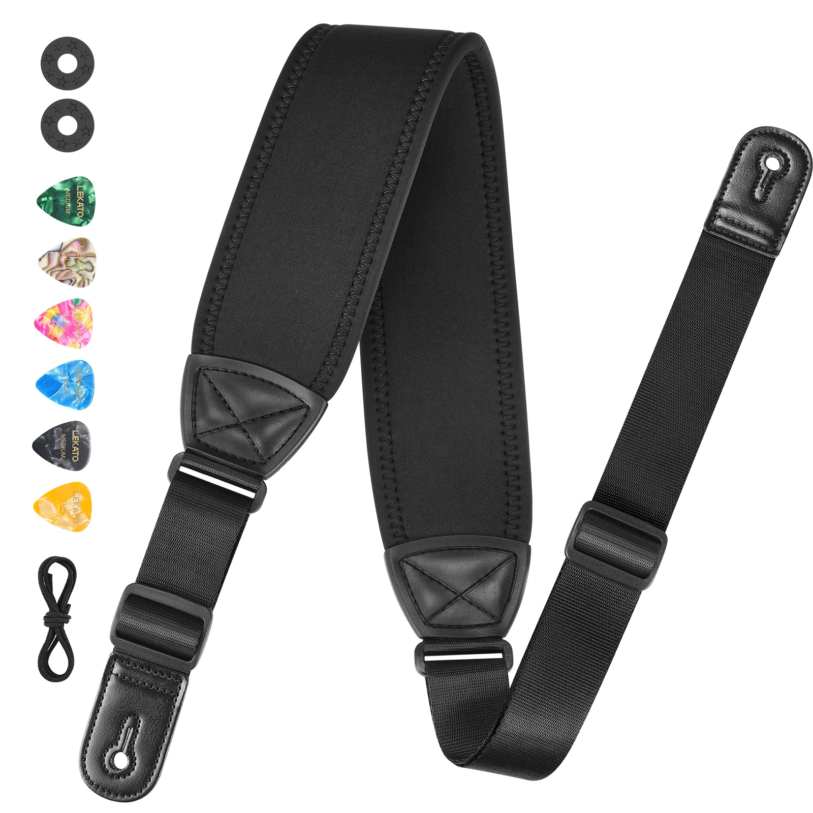 LEKATO LGS-19 Guitar Strap for Electric Bass Acoustic Guitar Includes 6 Picks 2 Safety Locks Padded 3.2 Inch Wide Neoprene