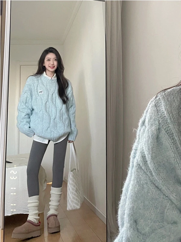 

Корейский вязаный круглый свитер Ne, женская свободная верхняя одежда, мягкий и теплый длинный све-топ на осень-зиму