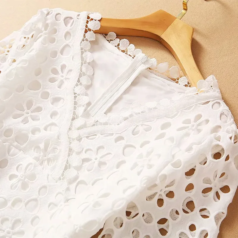 2023 Female Fashion New Clothing Hollow Out Embroidery V Neck Half Sleeve High Waist Elegant Dress For Women