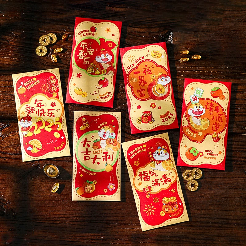 6pcs Chinese Snake Year Red Envelopes Creative Spring Festival Red Packet Cartoon Cute Lucky Money Pockets New Year Gifts