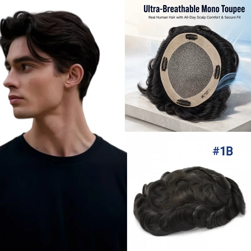 Men Toupee 100% Human Hair Mono+NPU Base 6x8cm 6inch  4 Clips 30mm Wave 130% Hand-Tied For Temple Recession Stock 72H Ship