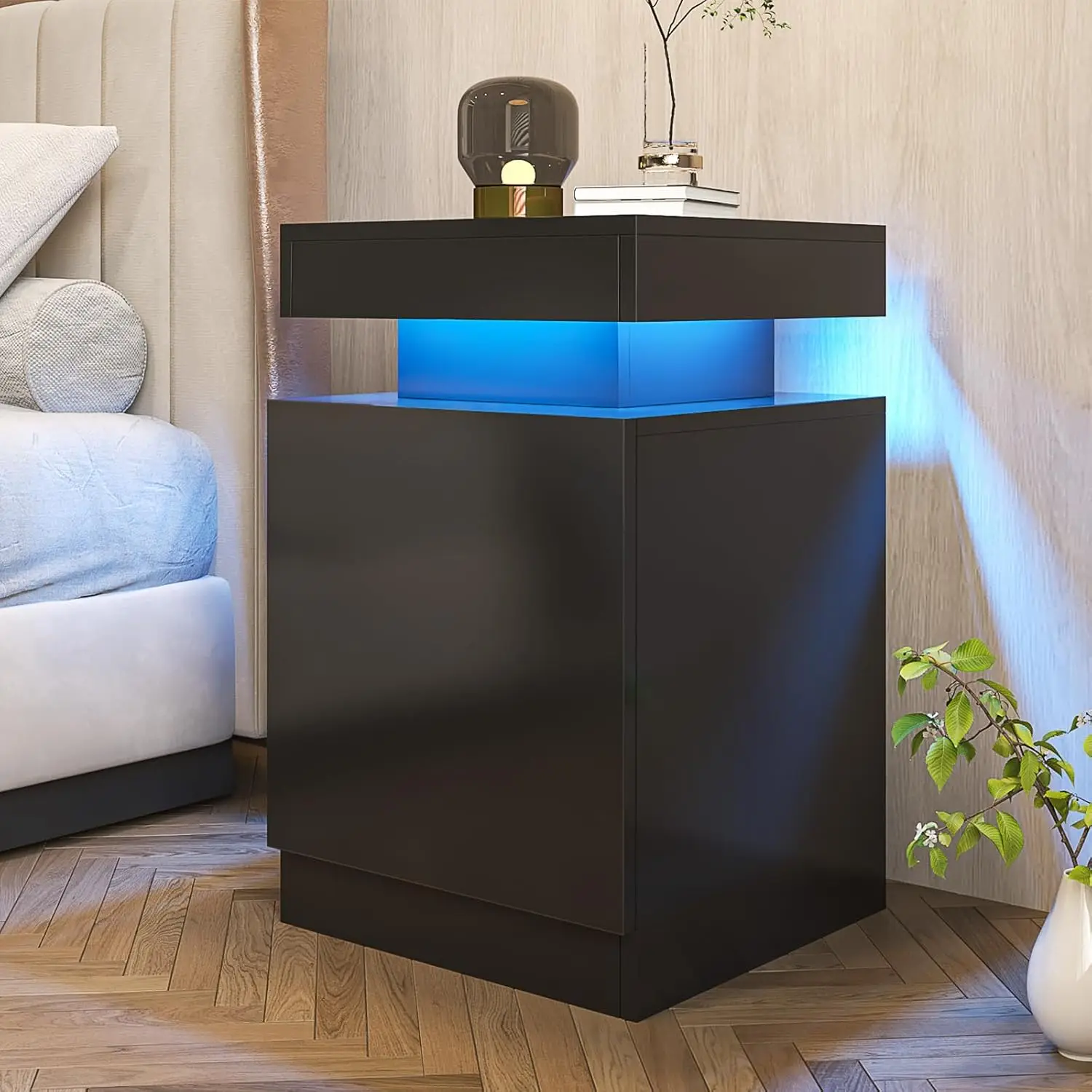Conjunto de mesa de cabeceira oneinmil com 2 luzes LED, suporte de cabeceira com armário de armazenamento para quarto, mesa de cabeceira com LED, preto
