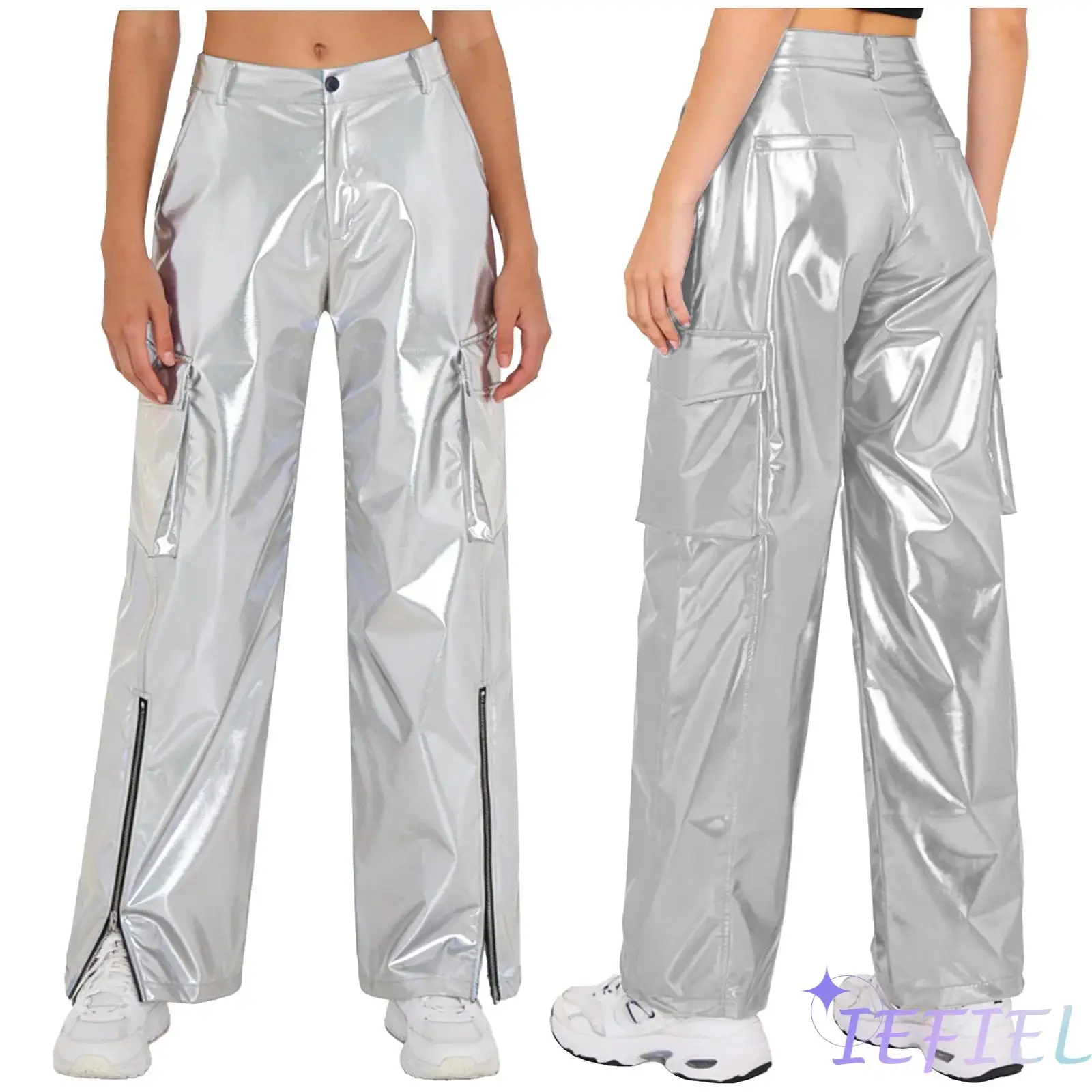 

Women Disco Jazz Dance Costume Multi-pocket Wide Legs with Zipper High Waist Straight Pants Rocks Metallic Shiny Cargo Pants