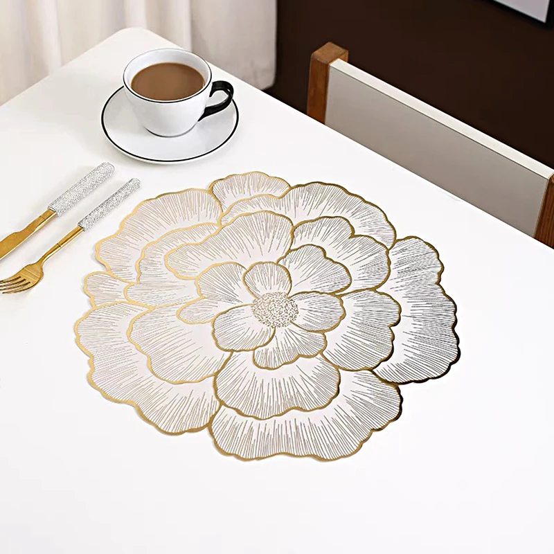 Nordic Style Placemat Peony Gold Plated PVC Home Coasters Dinning Table Decorative Mat Anti Slip Waterproof Meal Mat