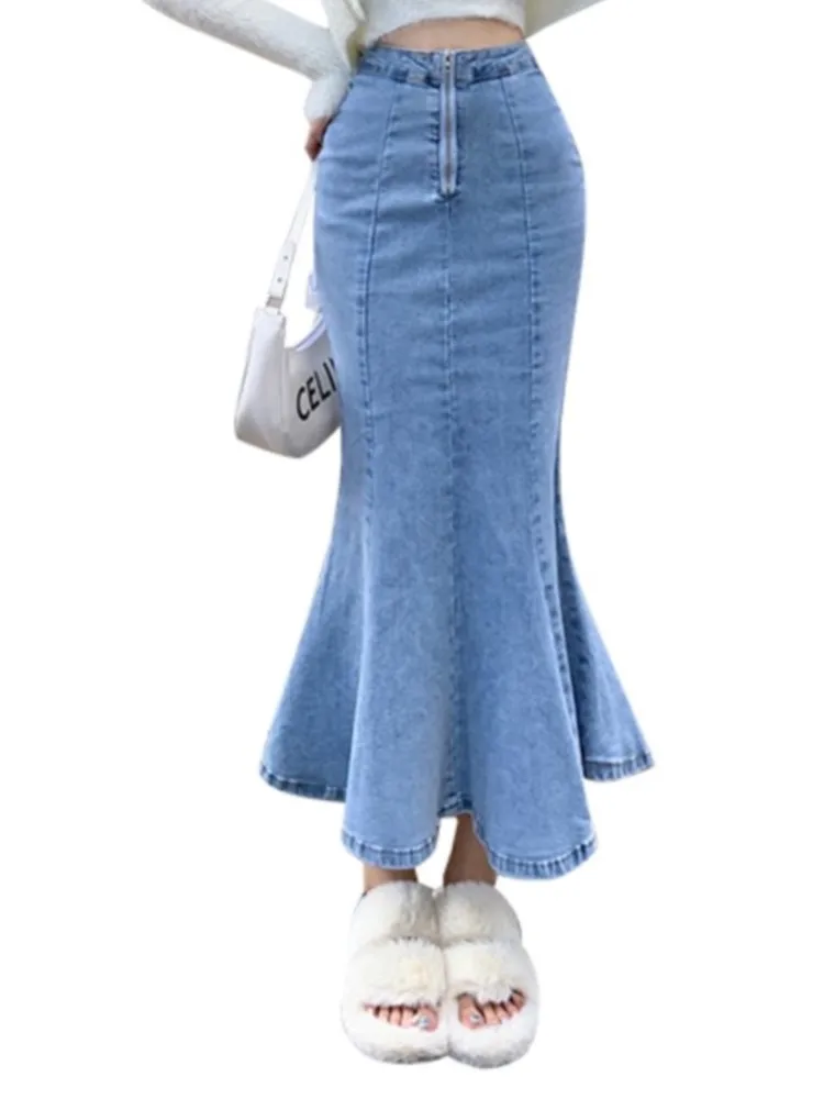 Denim Spring Summer Long Fishtail Skirts Women Elastic Bodycon Fashion Sexy High Waist Ladies Skirts Ruffle Pleated Woman Skirts