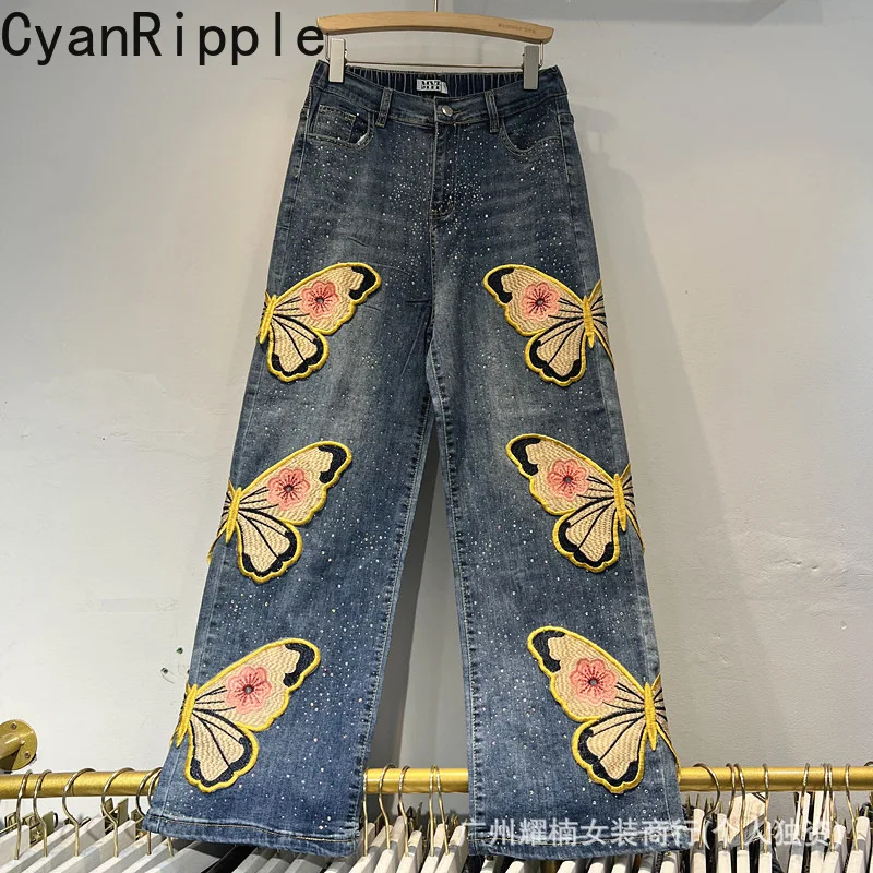 Fashionable New Autumn All-match Elastic Waist Straight Jeans Hot Diamonds Butterfly Embroidery Wide Leg Casual Denim Trousers