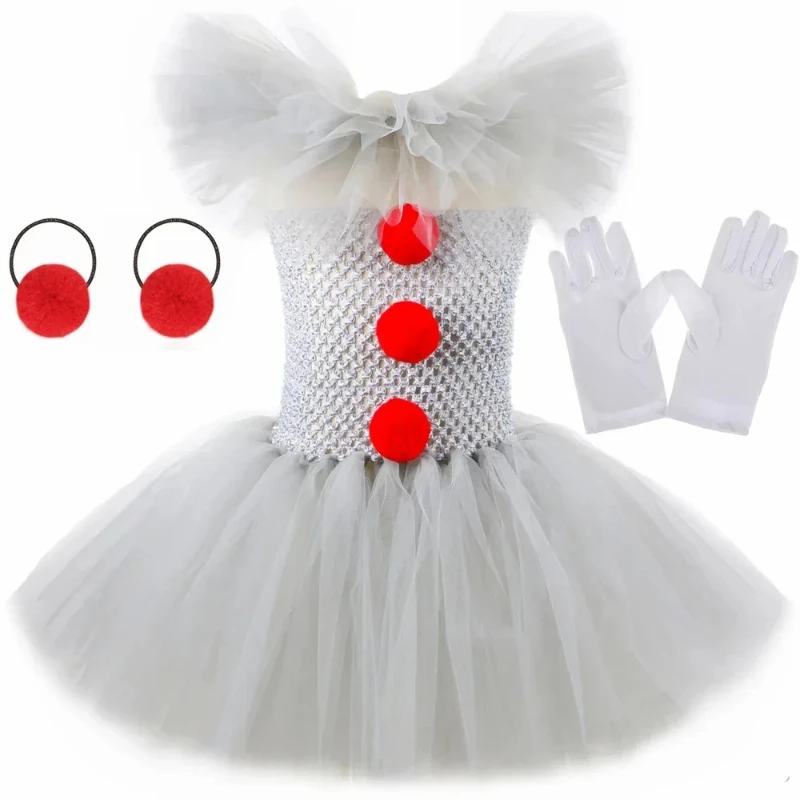 Gray Clown Tutu Dress for Girls Carnival Halloween Costume for Kids Girl Joker Cosplay Tulle Outfit Children Party Scary Clothes
