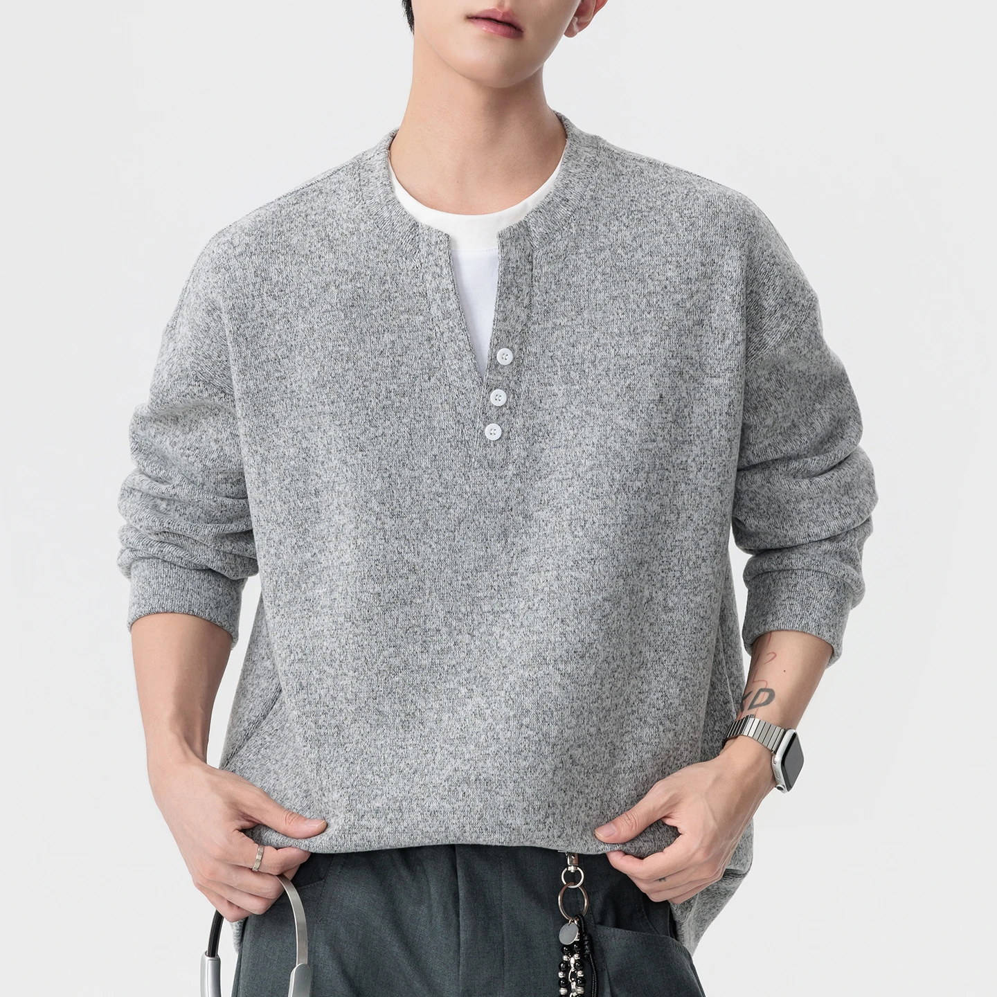Men V Neck Long Sleeve T Shirt Layered Look Heather Knit Loose Fit Casual Autumn Winter Pullover Top for Everyday Streetwear