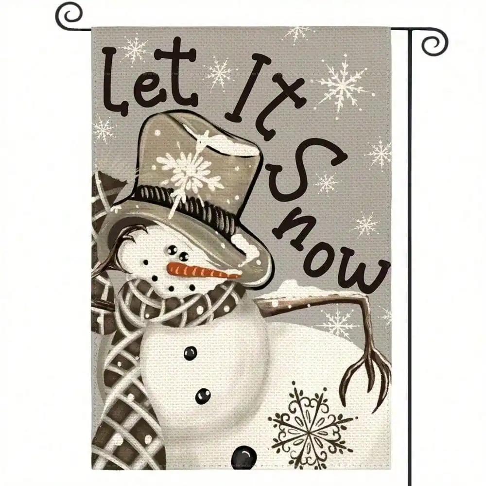 1 bandera navideña para jardín, bandera navideña con diseño de muñeco de nieve y la frase "Let It Snow" - Decoración navideña de doble cara con diseño de copos de nieve y gorro de Papá Noel y decoración navideña para exteriores para celebraciones de temporada, decoraciones navideñas para exteriores.