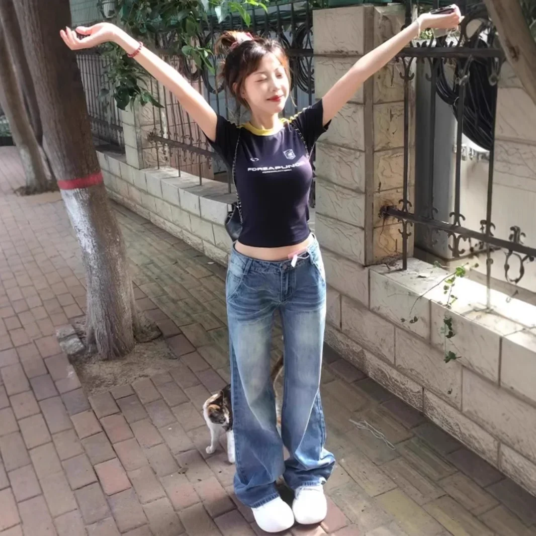 

PopPopLow Waist Wide Leg Jeans Women Summer Casual Loose Fit Straight Leg Ankle Length Pants Distressed Style Autumn Fashion