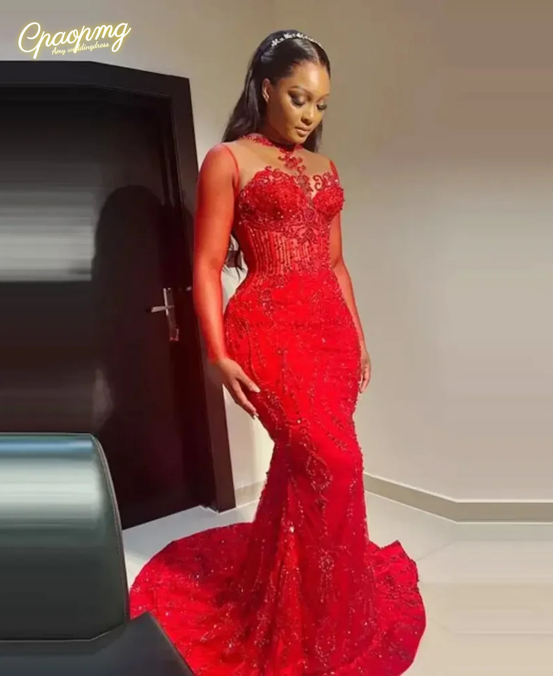 

Индивидуальный пошив: Сексуальное красное платье-русалка для выпускного вечера, с длинными рукавами, кружевное, для вечеринок и торжеств, Vestido De Fiesta