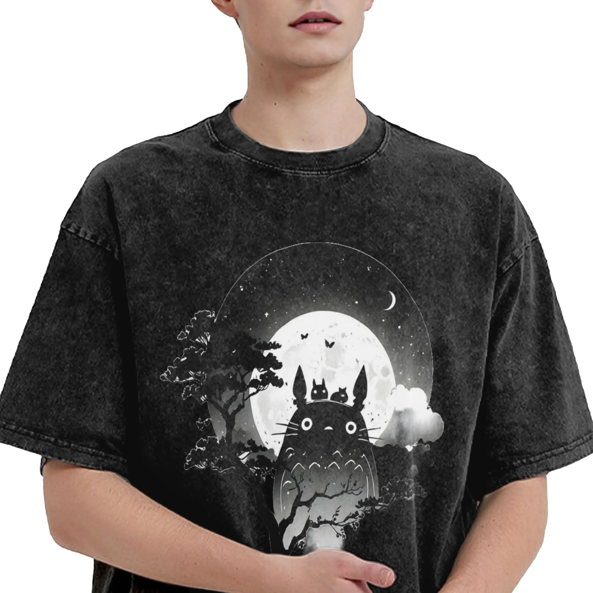 Washed T Shirts Anime Totoro-Miyazaki And The Moon T-Shirt Street  Streetwear Short Sleeve Summer Tees for Men Women