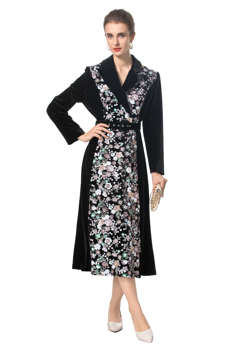 Women's Trench Notched Collar Long Sleeves Sequined Velvet Velour Fashion Dress Coats