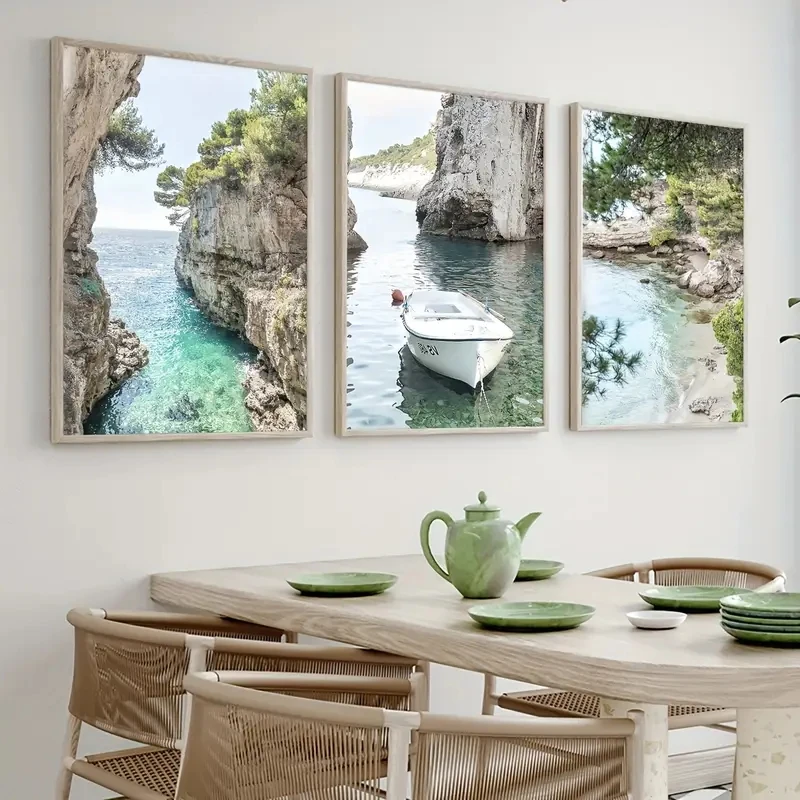 3pcs/Set Bay Transparent Water Boat Art Wall Decoration Canvas Poster Beautiful Strait Scenery Living Room Bedroom Home Decor