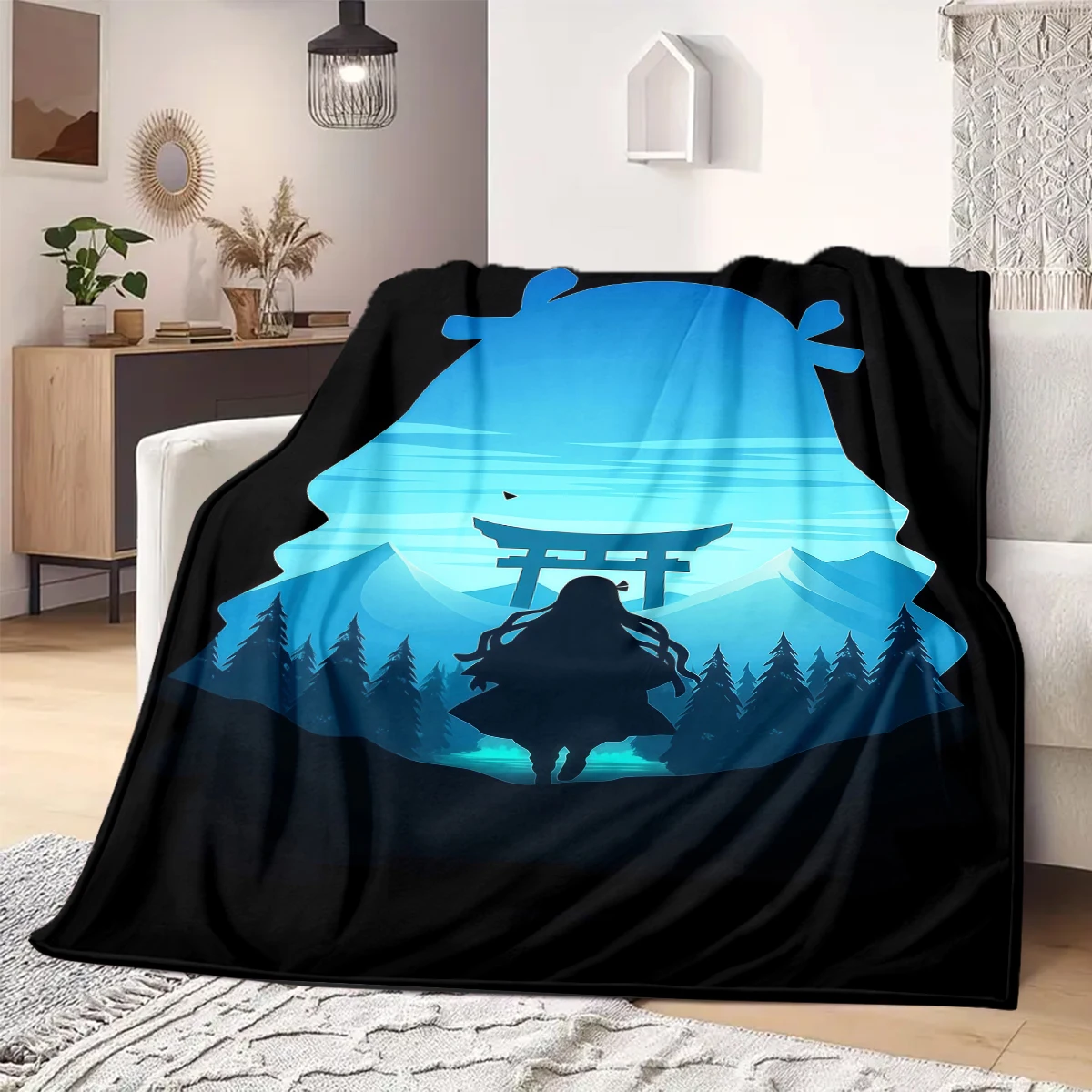 Demon Slayer Black Flannel Blanket Pretty Print Perfect For Home Bed Sofa Chair Travel Picnic -HE34