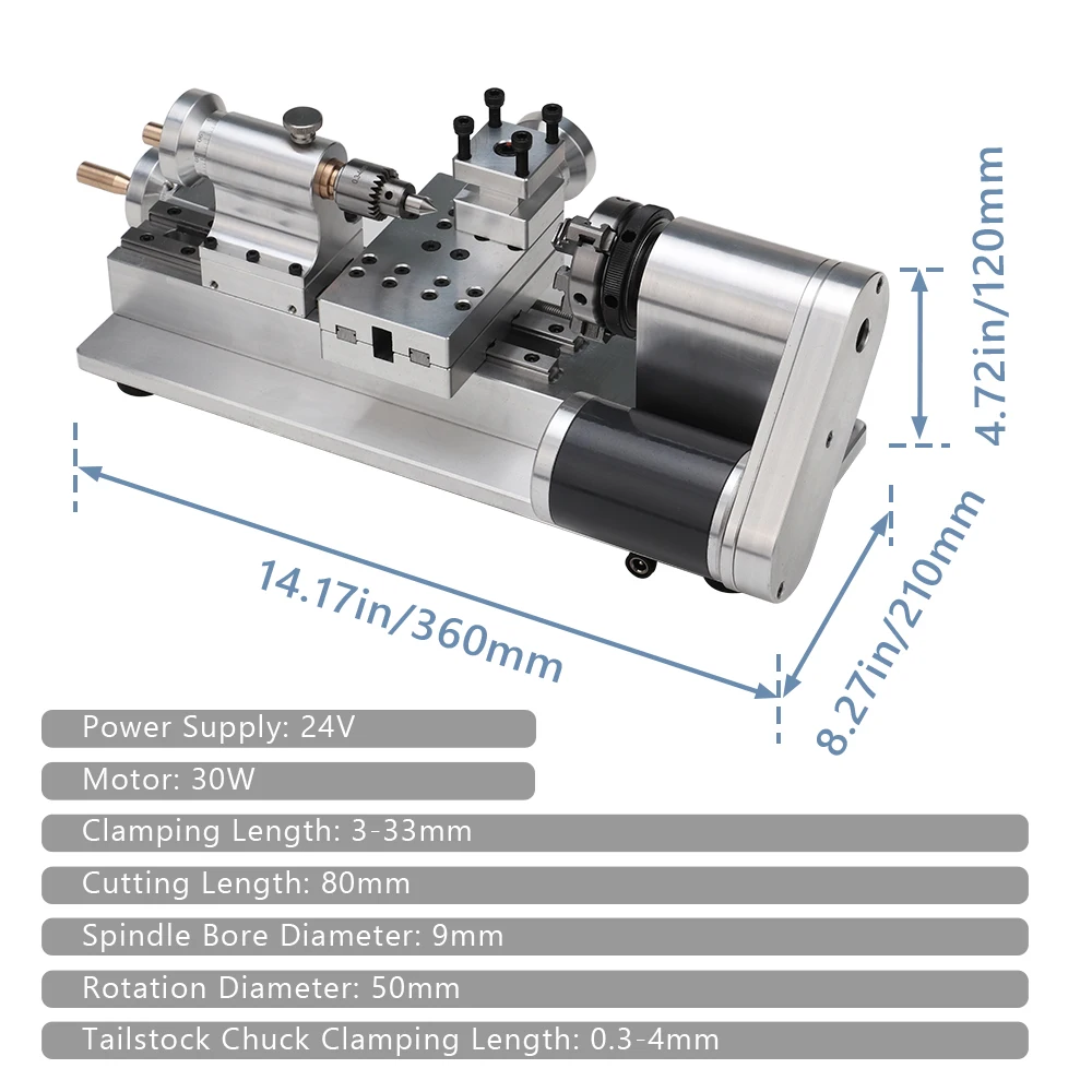 Mini Desktop Lathe 30W, Variable Speed 100-2500r/min, Hand-Tight Chuck 3-33mm, for Wood Metal DIY Hobby Model Making