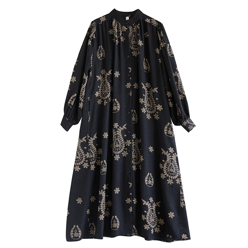 秋ファッション 大きいサイズ イルト ドレス スタンドカラー プリント プリーツ スプライシング ミディ丈 イルト ドレス コットン ポリエステル ロングスリーブ