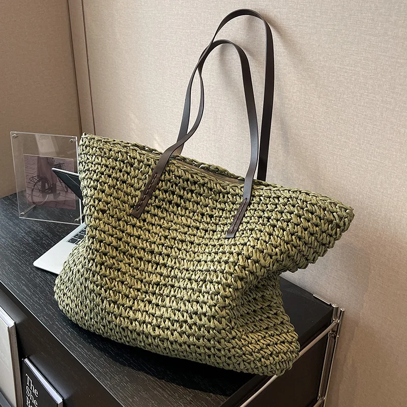 New Women's Handbag Fashion High Quality Straw Woven Women's Shoulder Bag Solid Color Versatile Large Capacity Beach Storage Bag