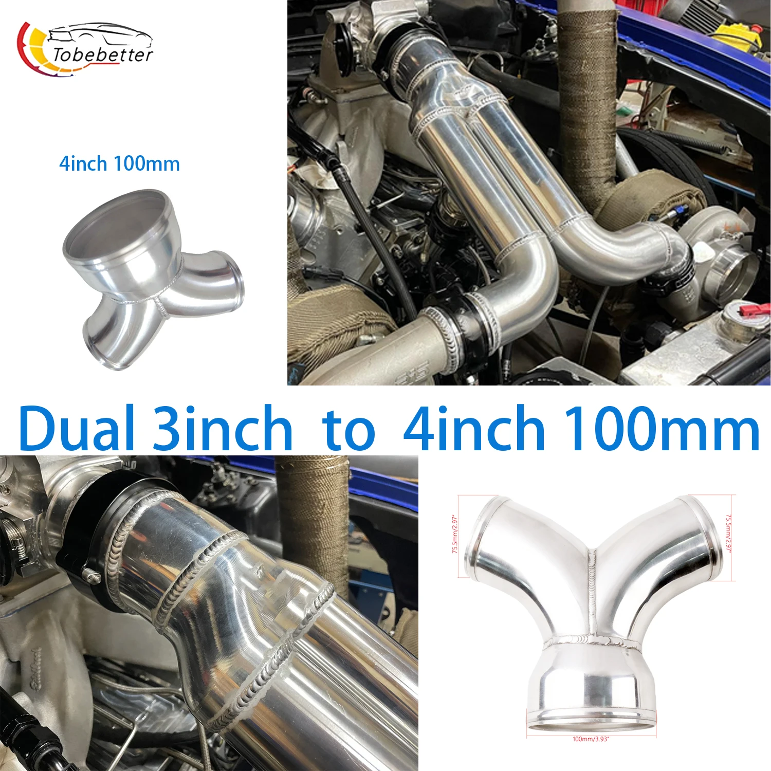 

Two 3" Pipes Merge to Single 4" Aluminum Y Pipe tube For twin turbo Air Intake Intercooler Piping