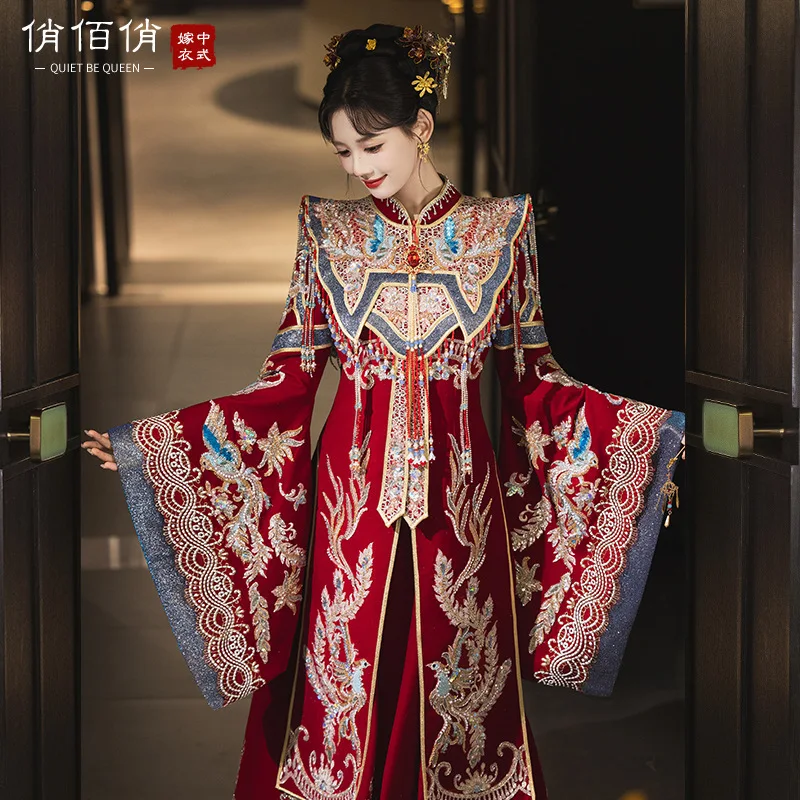 

Свадебное платье Xiuhe, древние китайские свадебные платья, тонкие комплекты свадебных тостов с драконом и фениксом, платья Cheongsam для женщин