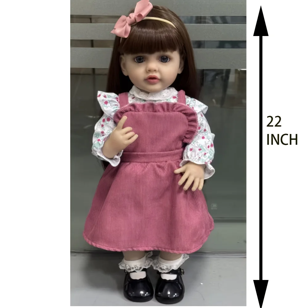 22인치 리본 유아 여자아이 인형 두두 부드러운 실리콘 전신 비닐 실물 같은 신생아 갈색 머리 크리스마스 선물 (여아용)