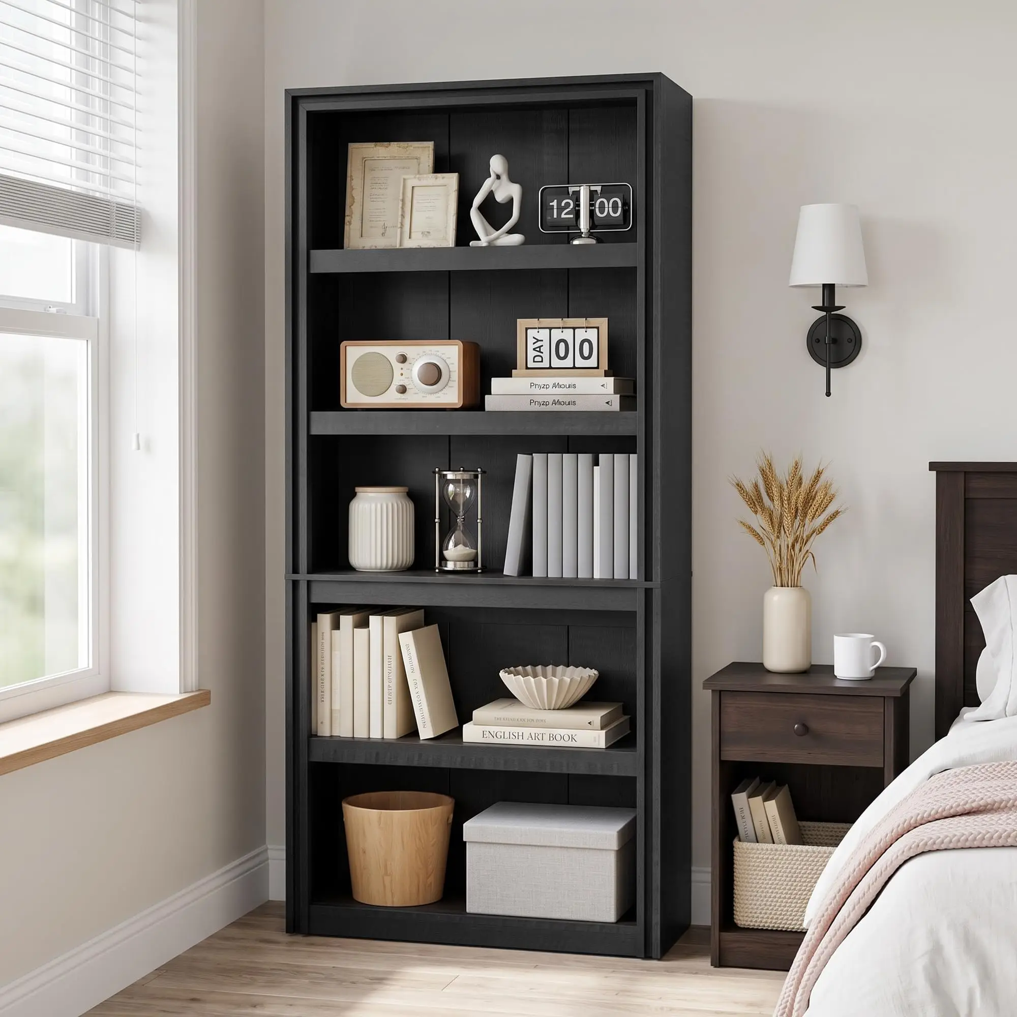 71 Inch Farmhouse Bookcase With Doors, 5 Shelf Tall Wooden Bookshelf With Adjustable Storage For Living Room Bedroom Home Office