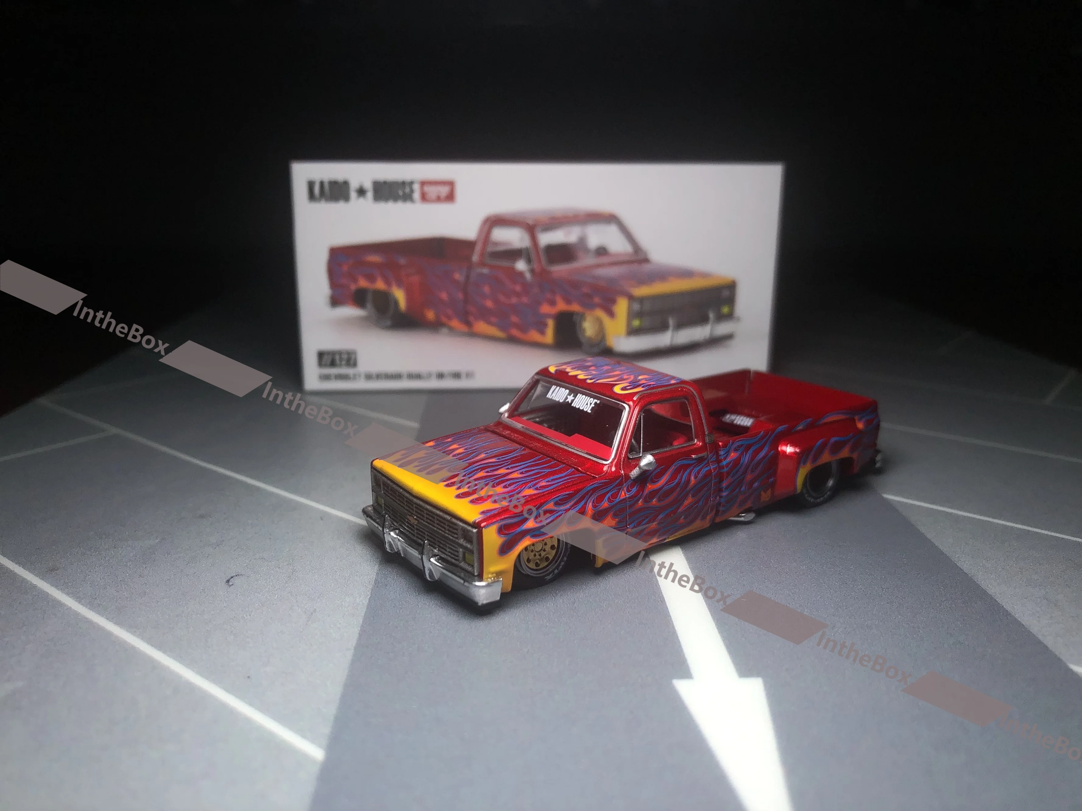 

Kaido House x Mini GT Silverado Dually Fire V1 Chevy Red Flames 1/64 Diecast Metal Car Collection Limited Edition Hobby Toys