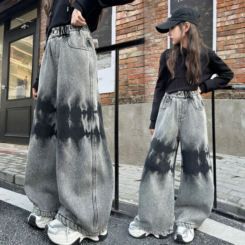 جينز بناتي، سروال جينز واسع الساق من قماش الدنيم، صبغ أمريكي عتيق، بنطال شتوي دافئ مبطن بالصوف، لعمر 7 إلى 14 سنة