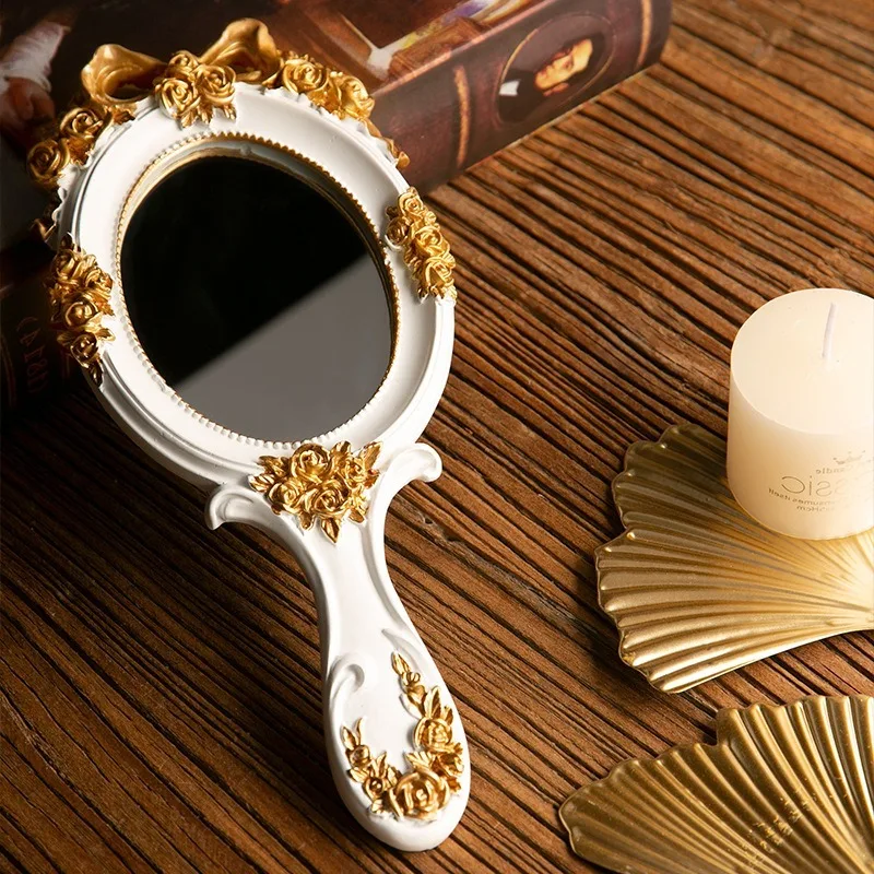 مرآة كلاسيكية محمولة باليد، مكياج مدمج للسفر، جميل ومحمول بيضاوي منقوش من الراتنج، مرايا يدوية هدية لفتاة الأم #4