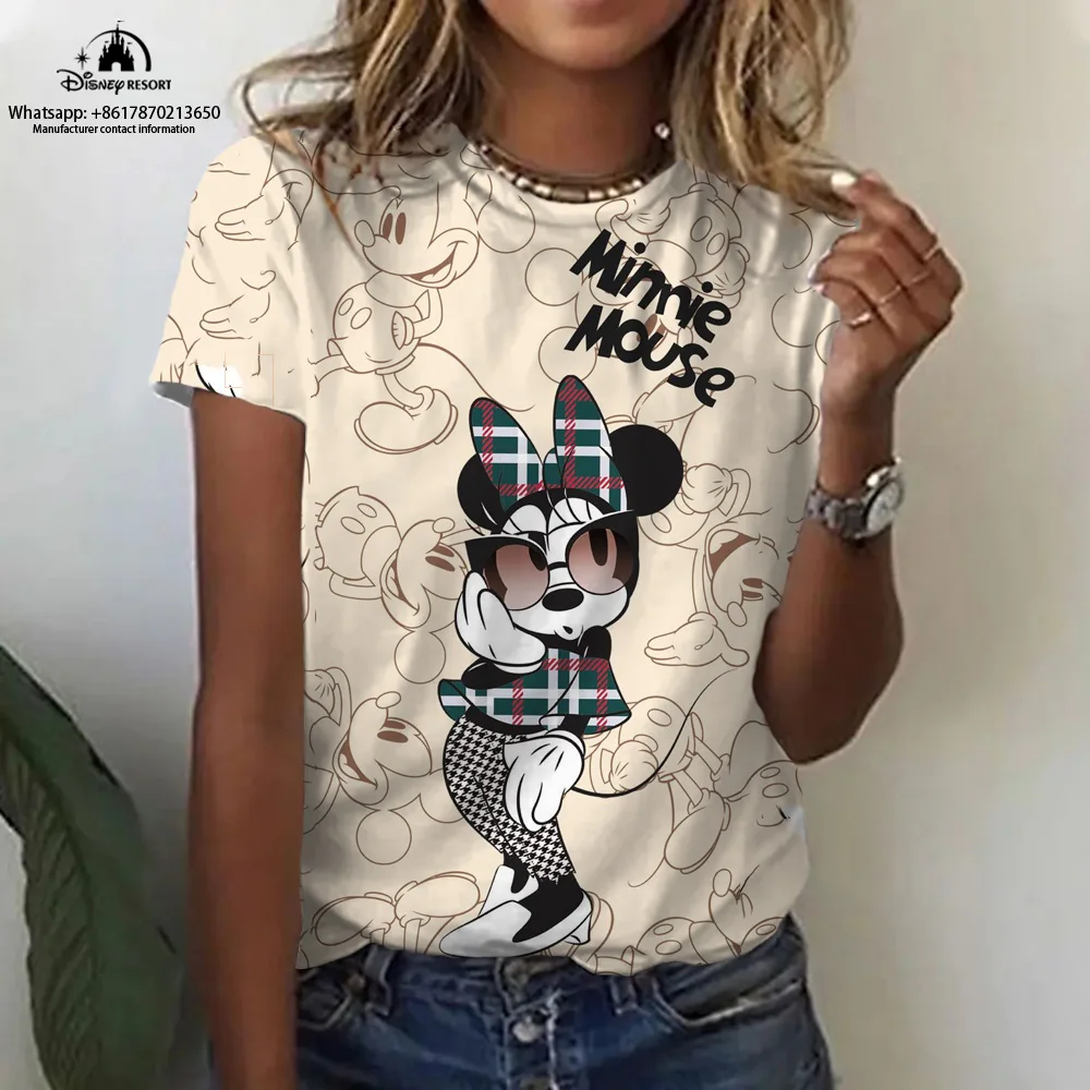 

2023 Street Mickey Minnie Anime Women's Round Neck T-shirt Fashion Print Summer New Casual Harajuku Children's Tops Ins Style