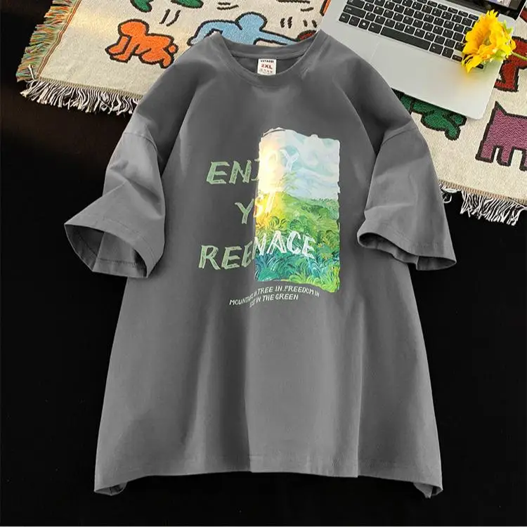2025 Summer Letter Print T Shirt for Women 220G Pure Cotton Tees Harajuku Oversized T-shirts Y2k Tops UNISEX Hip Hop Streetwear