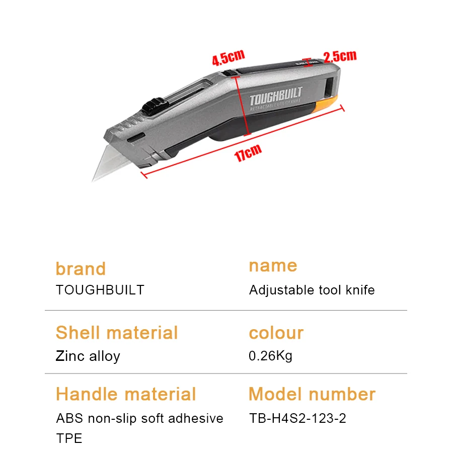 TOUGHBUILT-Faca engrenagem ajustável, Heavy-Duty, Full Steel, retrátil Faca Utilitária, Ferramenta de corte, TB-H4S2-123-2