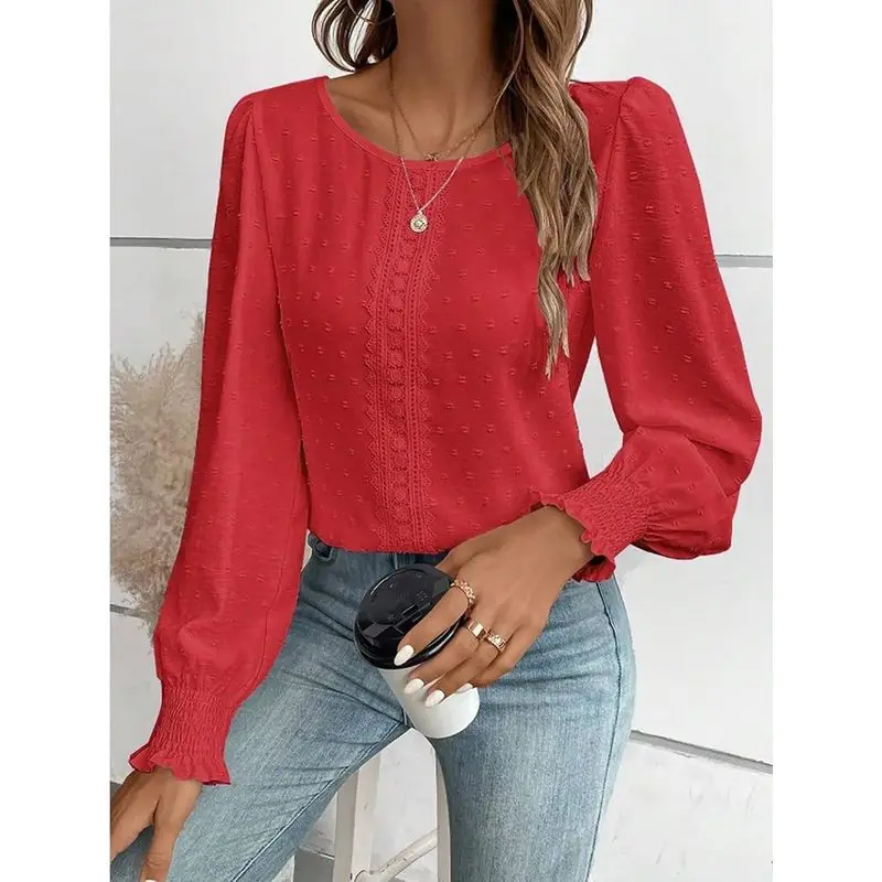 Blusa Casual de Manga Larga para Mujer con Volantes de Encaje Guipur, Colores Lisos para Escapadas