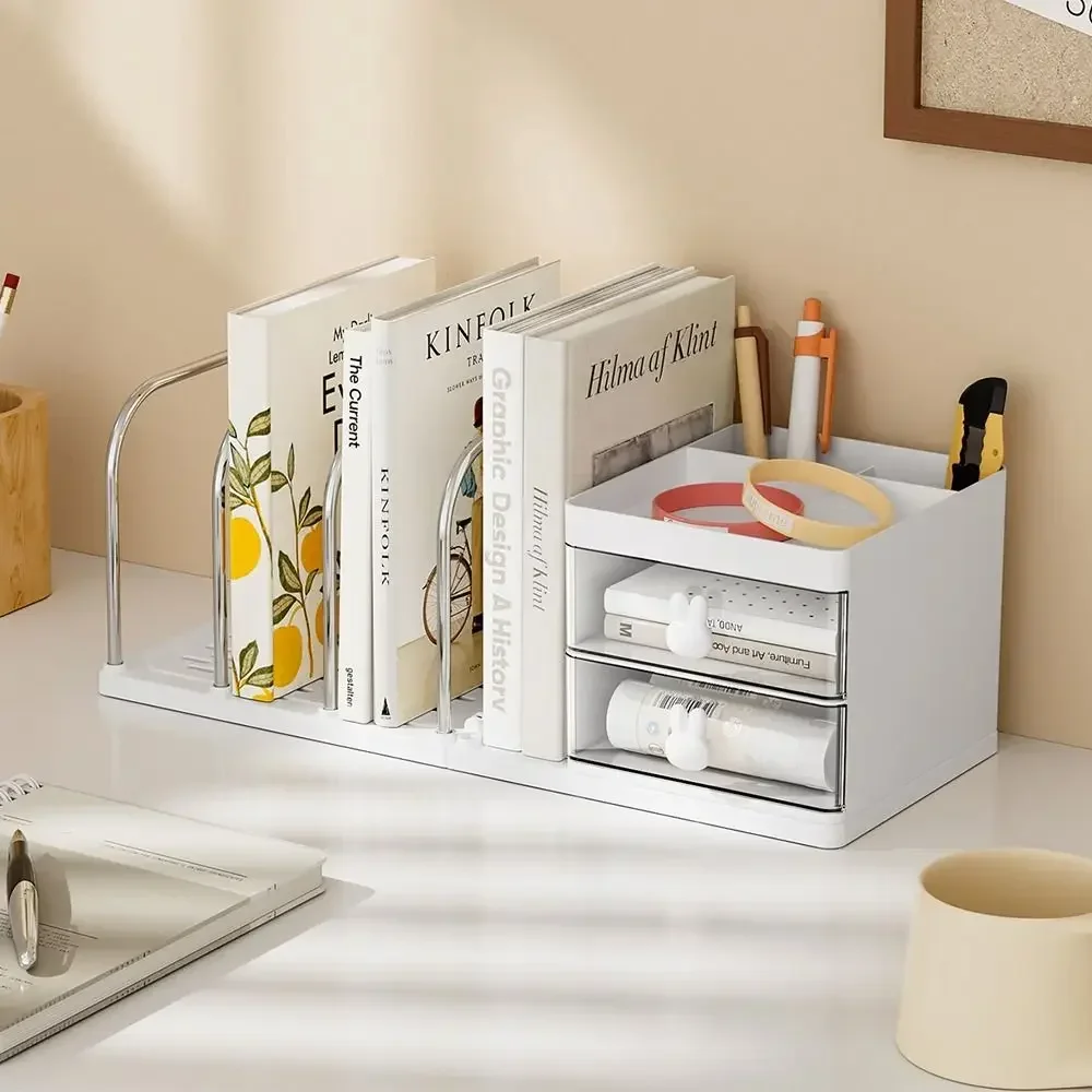 حامل كتب متعدد الوظائف من البلاستيك الأبيض والأصفر لسطح المكتب، عرض كتب لتوفير مساحة تخزين الكتب، رف تخزين رف الكتب #2