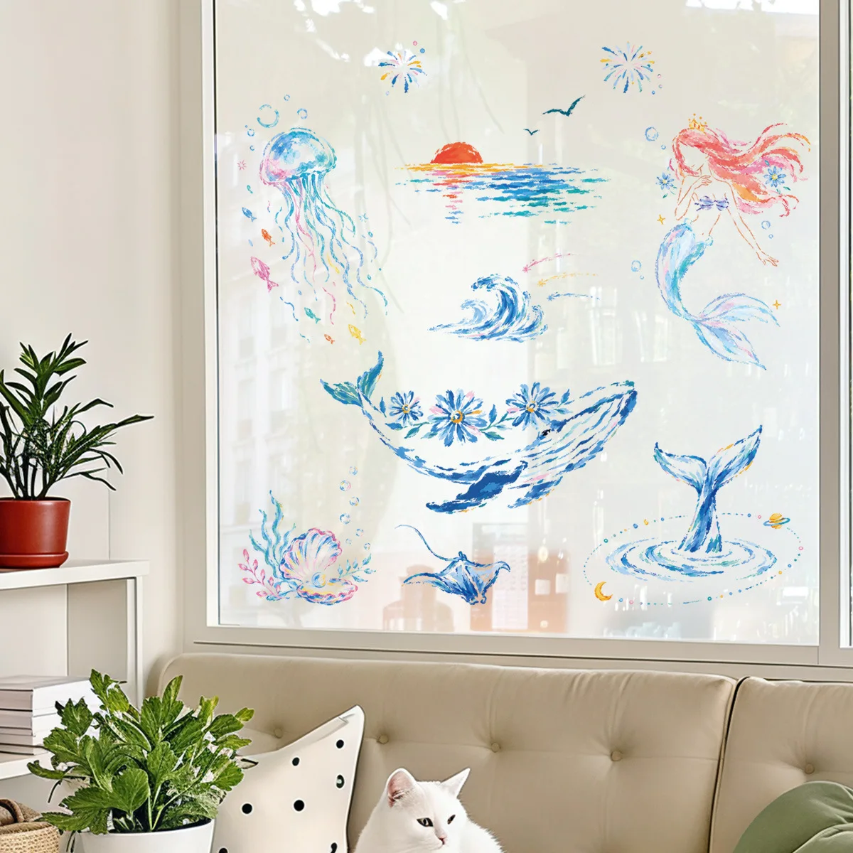 Crayon Line Ocean Theme Whale Static Window Sticker Reusable Glass Decal for Kids Room Home Decor