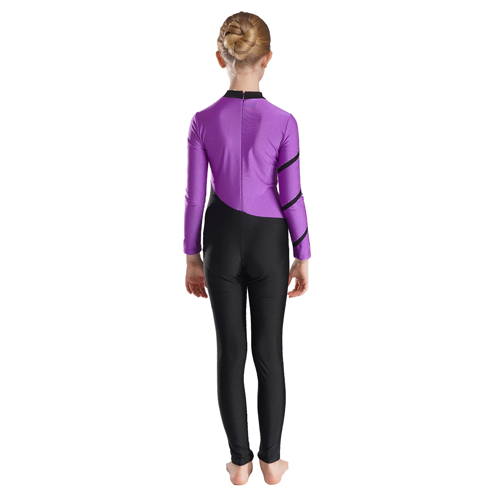 Kinder Mädchen Kontrast farbe in voller Länge Tanz overall Mock Neck Langarm Bodysuit für Gymnastik Bühne Performance-Wettbewerb