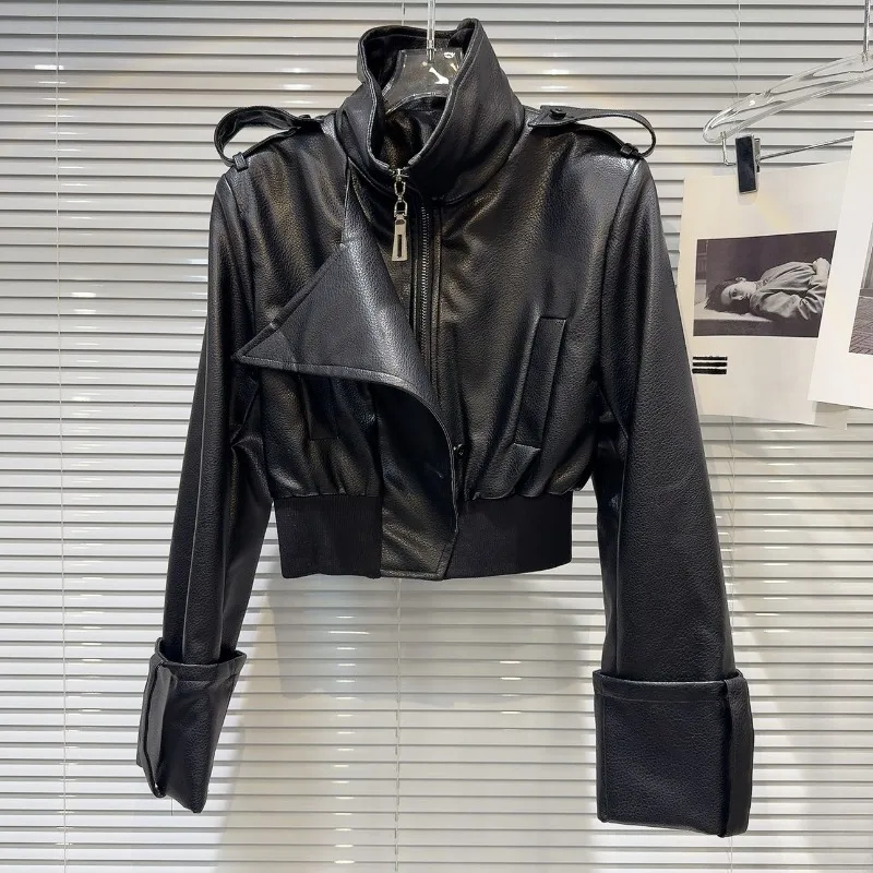 

Spring 2026 Autumn New American Spice Girl Locomotive PU Leather Jacket + Cross Leather Pants Suit Women Internet Celebrities