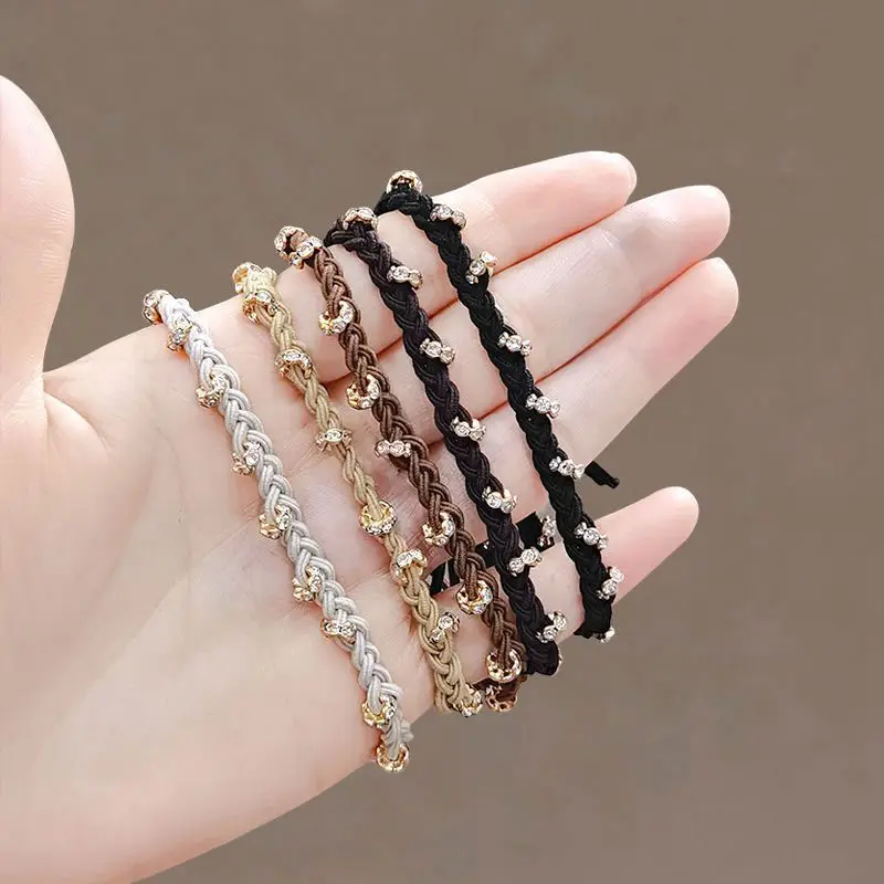 

5pcs Hand-woven headrope, simple temperament, rhinestone hair band, high elasticity and durability, hair rope rubber band.