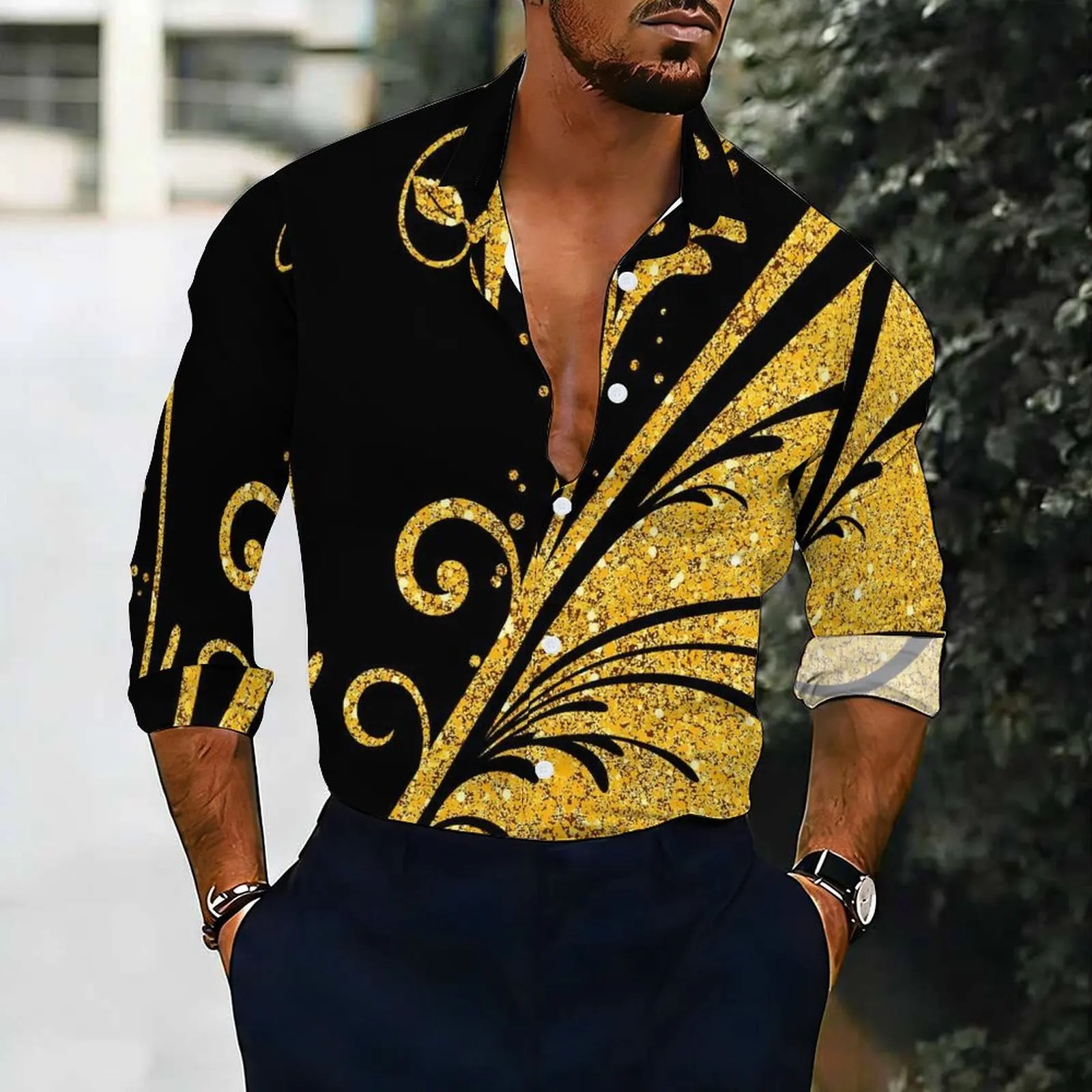 Men Floral Print Long Sleeve Shirt Turn Down Collar Button Up Casual Business Office Daily Wear Shirts