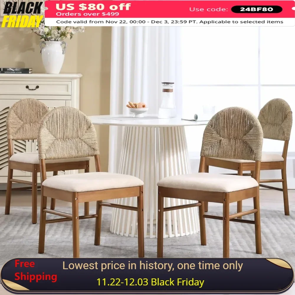 Dining Chair Set of 4 with Natural Weave Seagrass Backrest, Armless Wooden Side Chairs, Farmhouse Linen Boho Cane Dining Chair