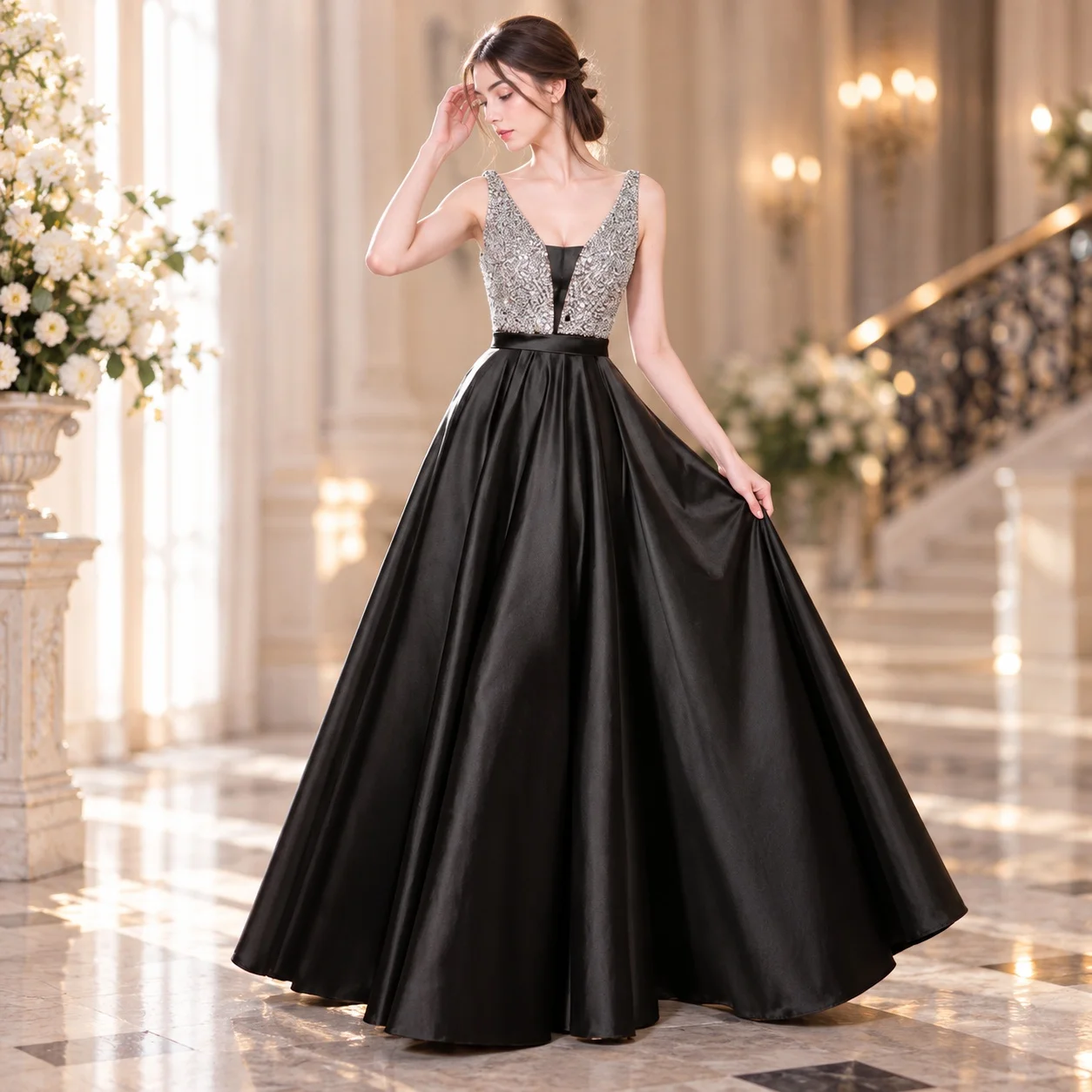 Bow V Neck Gown with Mid Waist Western Style Slim Fit Floor Length Elegant Tassel Flared Skirt Sleeveless Spring for Women
