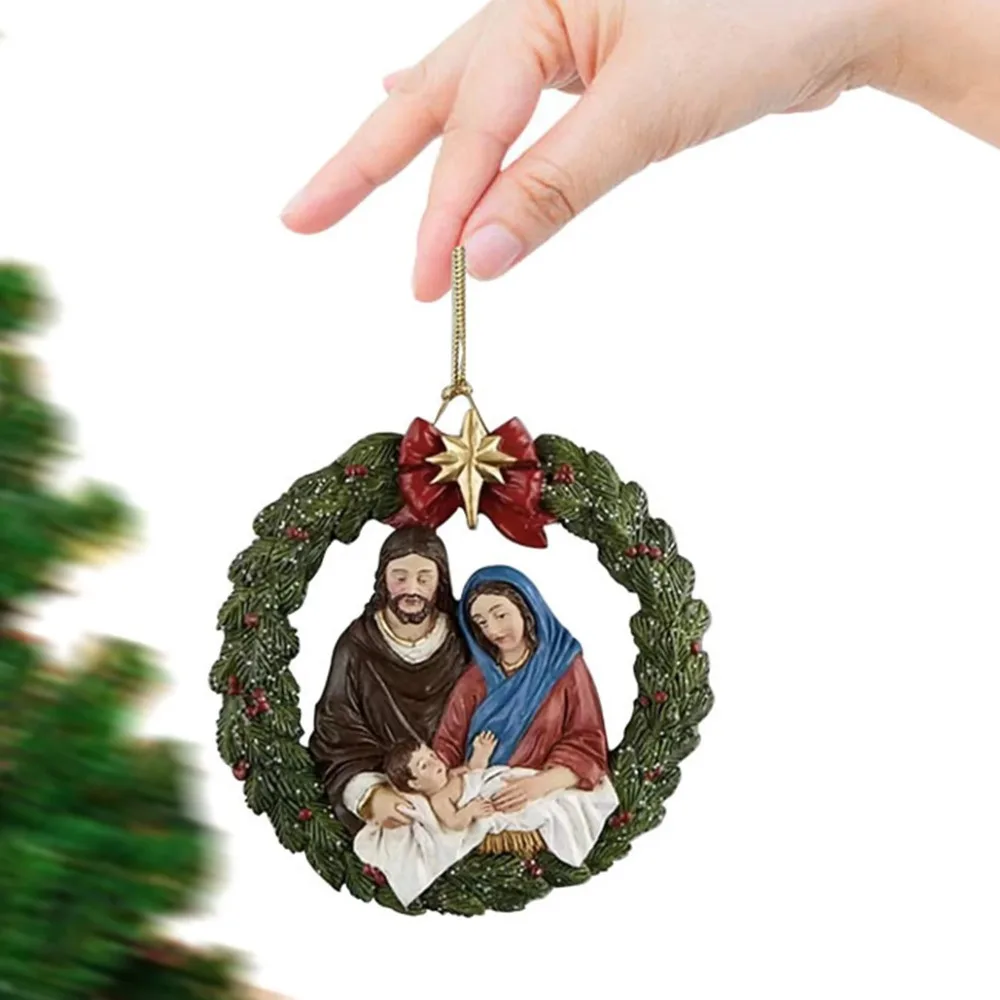 10Pcs Nativity Christmas Tree Pendant Acrylic Cartoon Hanging Ornaments Nativity Scene Jesus Christ Car Rearview Mirror Pendant