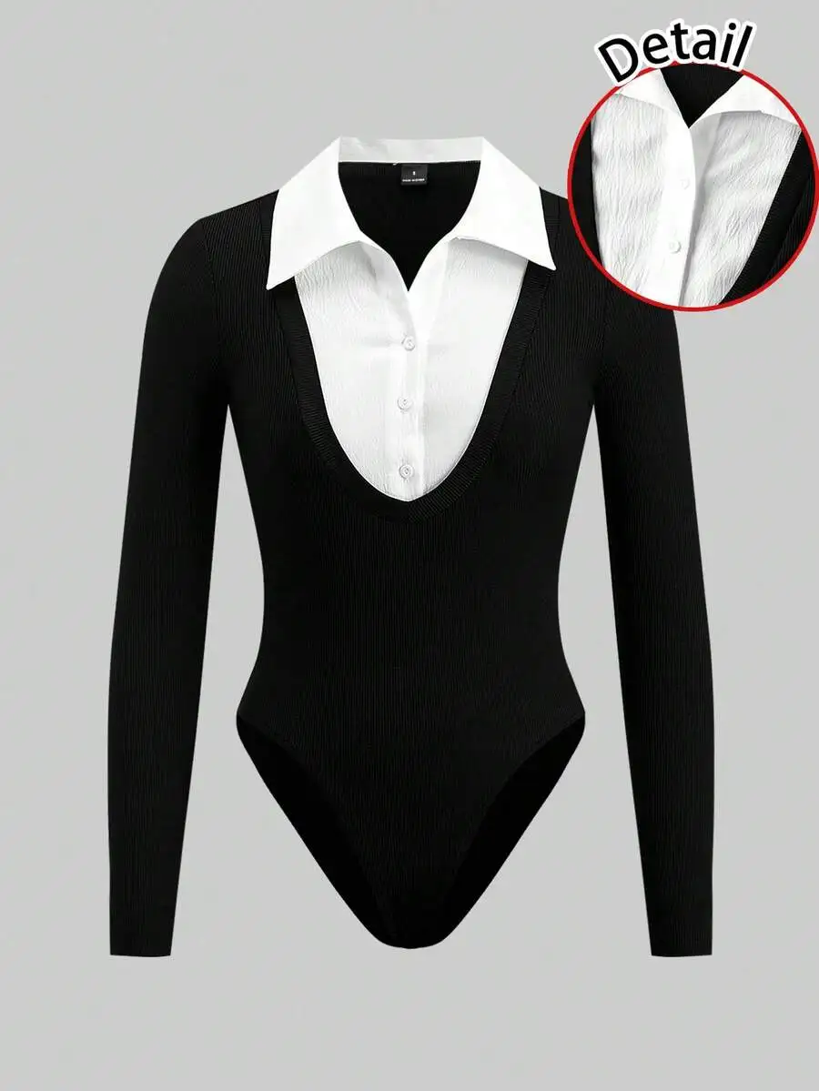

Black Ribbed Long Sleeve Bodysuit with White Shirt Collar Detail