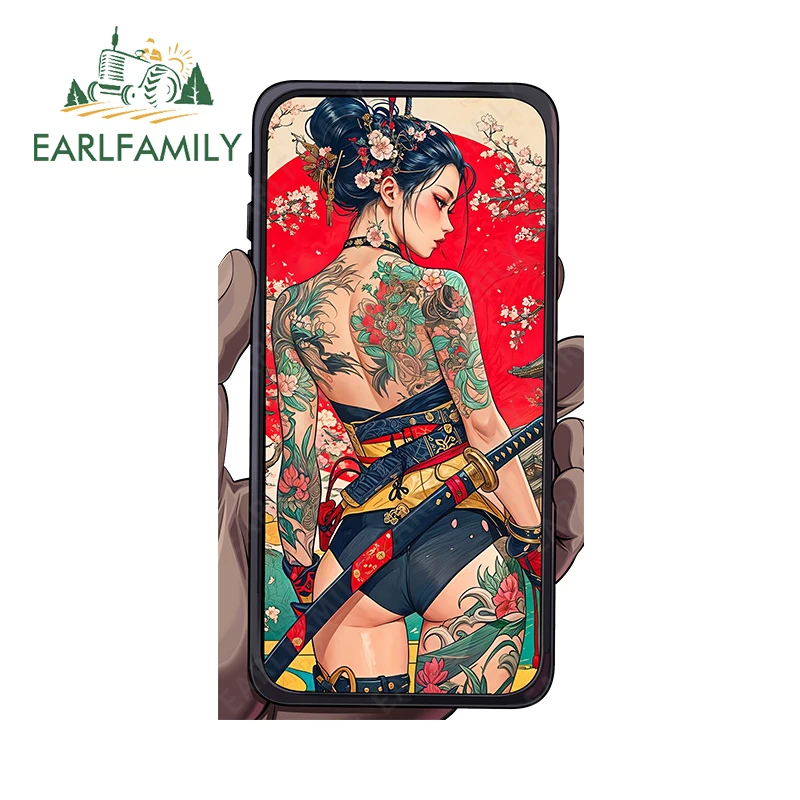 

EARLFAMILY Japanese Geisha Reflected on Phone Car Sticker Tattoo Women Cool Warrior Decal Waterproof Luggage Notebook Decor