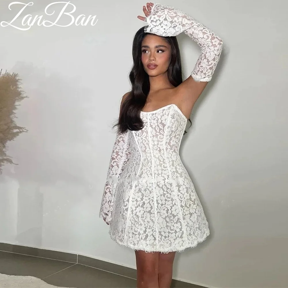 ZanBan Customized Lace Mini Wedding Dresses 2026 Removable Long Sleeves Short Off Shoulder Israel vestidos de novia Bridal Gown