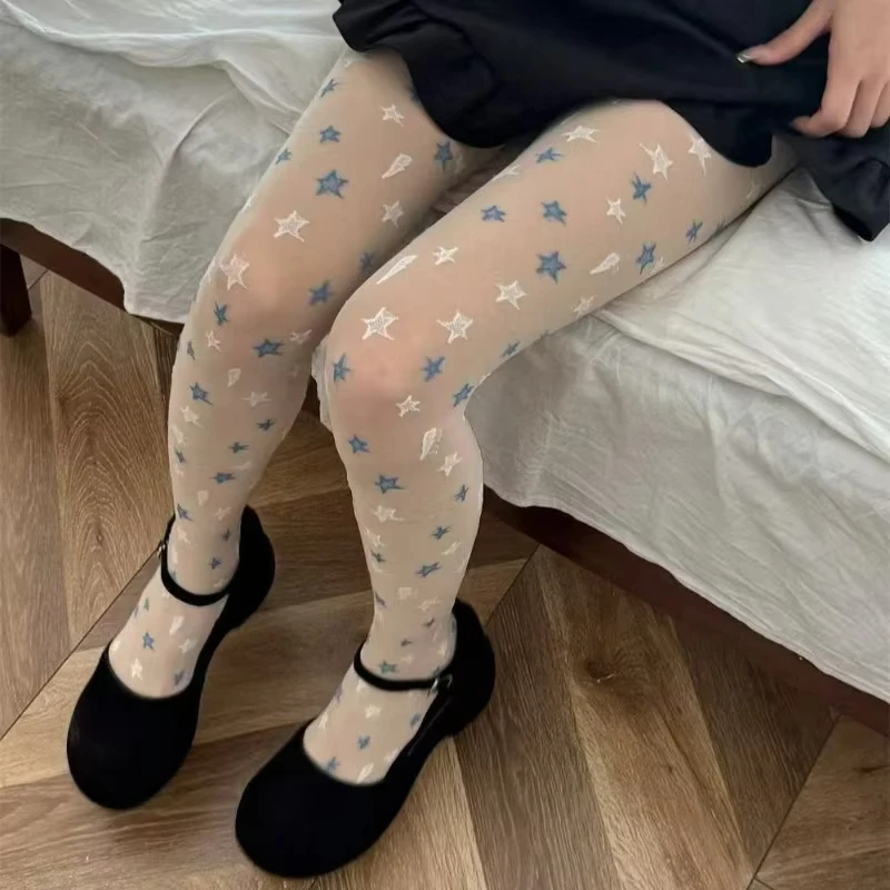 Einzigartige Stern-Jacquard-Seidensocken für Damen Süße Cartoon-Strumpfhose Sommer Ultra-Dünne Atmungsaktive Anti-Haken Kawaii Strumpfhose
