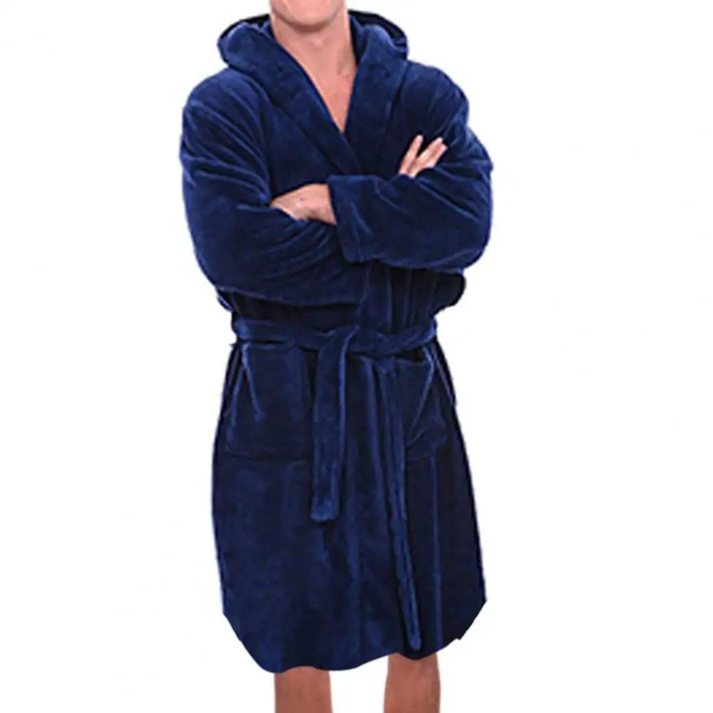 2024 Winter Men's Bathrobe Solid Color Belt Flannel Hooded Bath Robe Pockets Warm Men Nightgown Home Gown Sleepwear Men Clothing