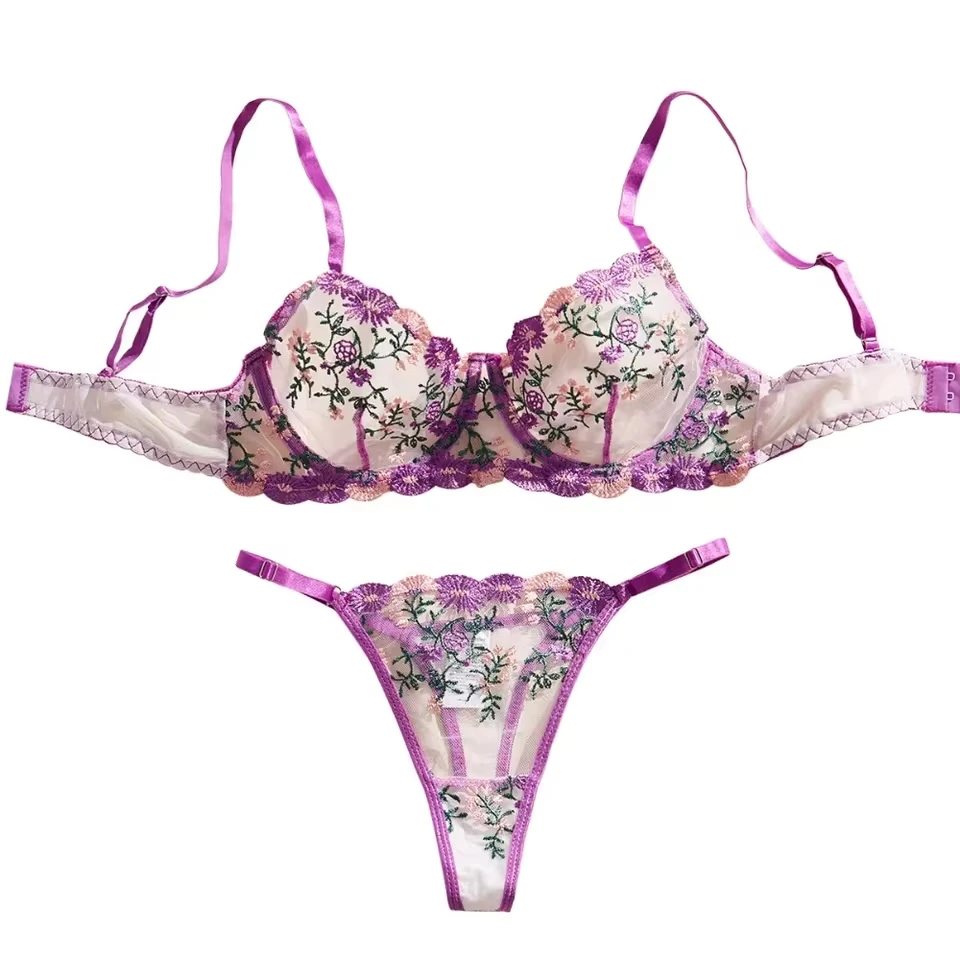 New Fashion Floral Embroidery See Through Bra Womens Erotic Seductive Underwear Apparel Womens Seductive Sexy Lingerie Set